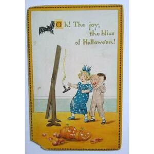 Original Halloween Postcard Tucks Oh The Joy Bliss Series 190 Flying Bat Pumpkin